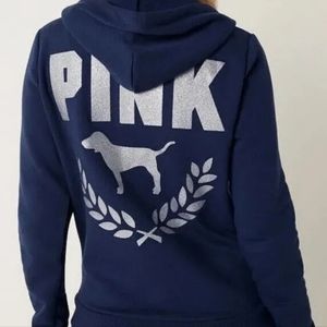 Victoria's Secret PINK Bling Fleece Zip Up navy blue and silver glitter.